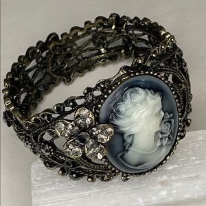 Victorian Revival Cameo Cuff Bracelet Vintage-Inspired Brass Tone Filigree